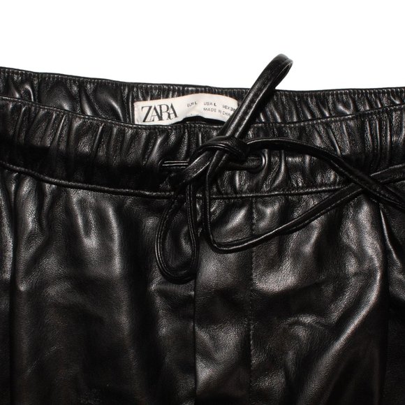 Zara Large Vegan Faux Leather Stretch Tie Waist Straight Leg Ankle Crop Pants - Picture 6 of 7